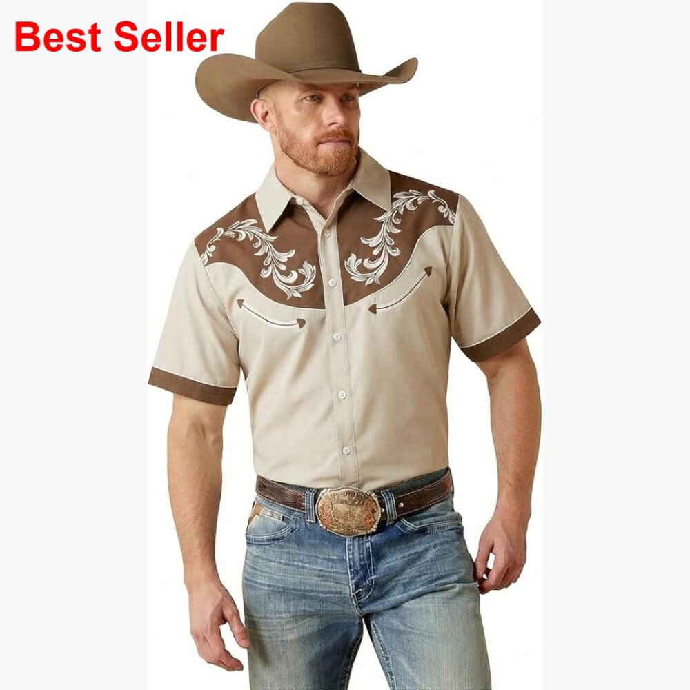 Men's Two-Tone Western Short-Sleeve Button-Down Shirt — Tan & Brown